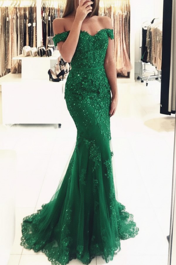 Rot Lange Abendkleider Spitze Perlen Schulterfrei Meerjungfrau Abibllkleider Partykleider BA3809