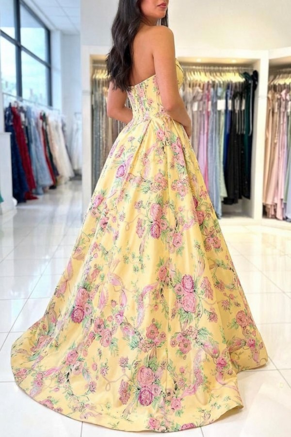 Gelb Blumen Muster Abendkleid Ballkleider Lang Günstig