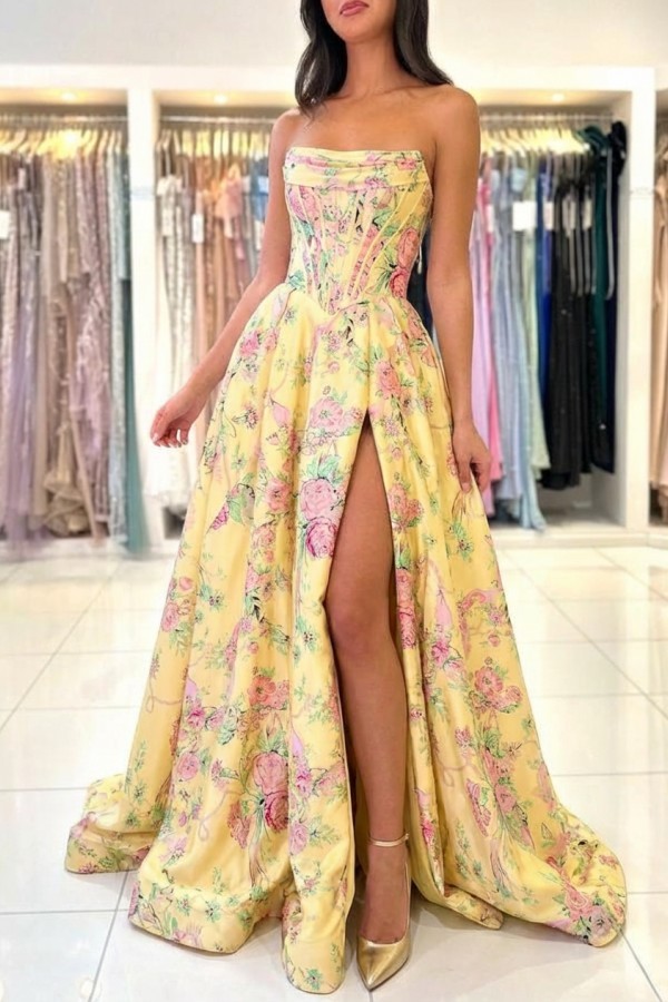 Gelb Ballkleid Lang Schlicht Blumen Muster Abendkleide Günstig