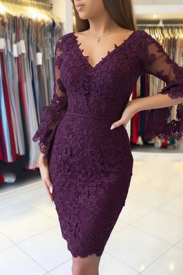 Elegante Purple Cocktailkleider Kurz | Spitze Abendkleider Mit Ärmel