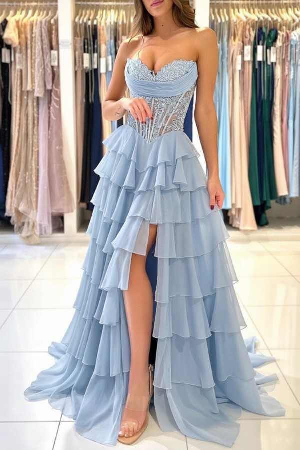 Elegante Abendkleider Lang Blau Ballkleider Mit Spitze