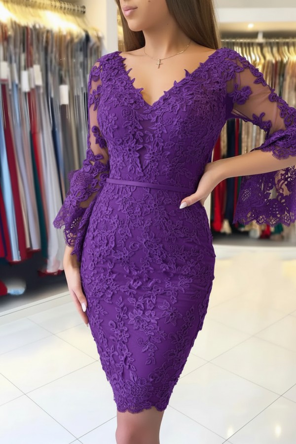 Elegante Purple Cocktailkleider Kurz | Spitze Abendkleider Mit Ärmel