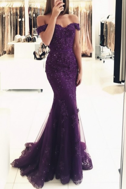 Rot Lange Abendkleider Spitze Perlen Schulterfrei Meerjungfrau Abibllkleider Partykleider BA3809