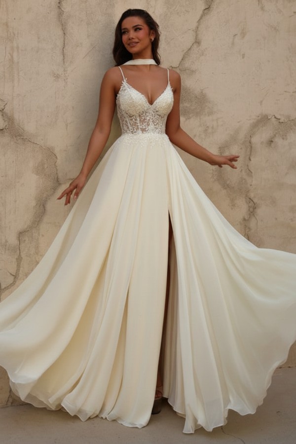 Gelb Abendkleid Lang Chiffon Schlicht Ballkleid mit Spitze