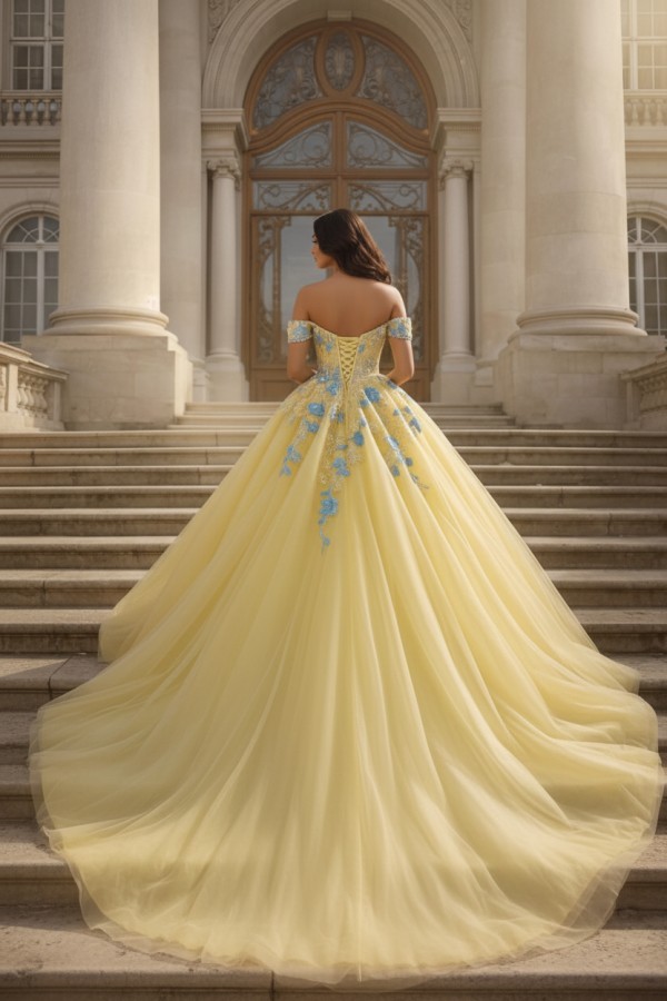 Prinzessin Ballkleid Lang Glitzer Gelb Abendkleider mit Spitze