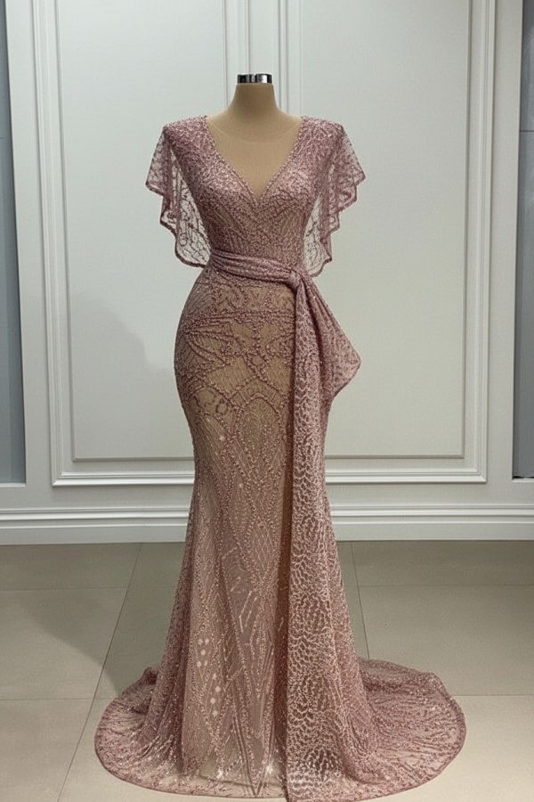Elegante Abendkleider Lang Gold Spitze Abiballkleider mit Glitzer