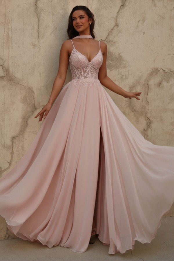 Gelb Abendkleid Lang Chiffon Schlicht Ballkleid mit Spitze