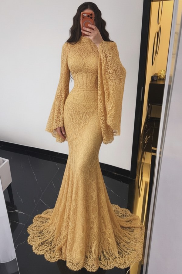 Braun Abendkleider Lang Spitze Meerjungfrau Ballkleid mit Ärmel