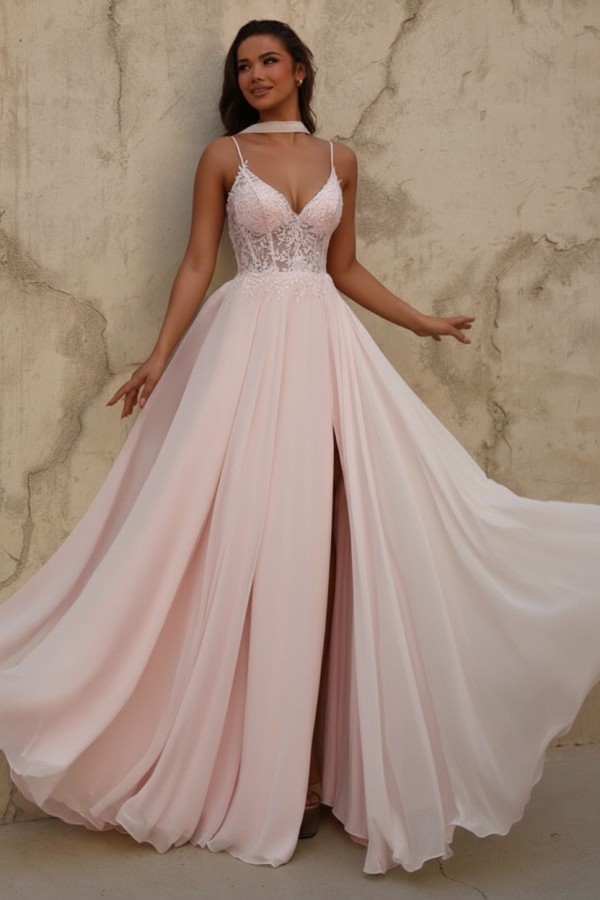 Gelb Abendkleid Lang Chiffon Schlicht Ballkleid mit Spitze