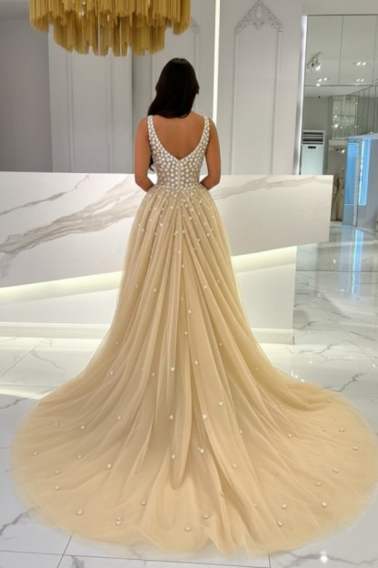 Abendkleider Lang V Ausschnitt Gold Ballkleider mit Glitzer