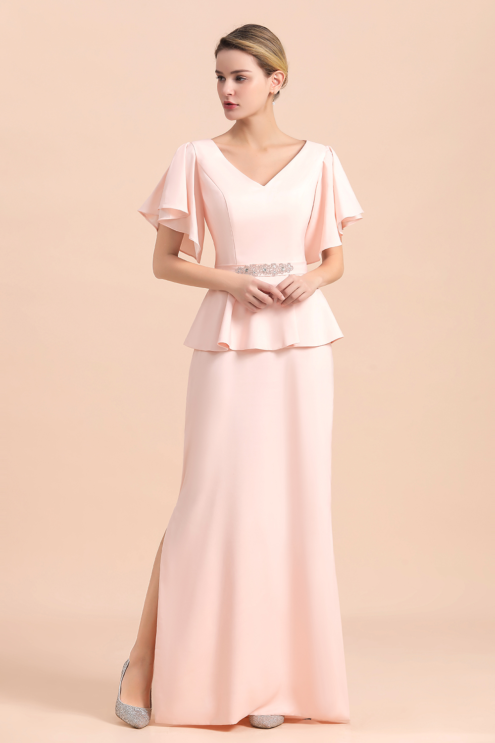 Rosa Bruatmutterkleider Lang Mit Ärmel | Günstiges Brautmutterkleid-Misshow.de