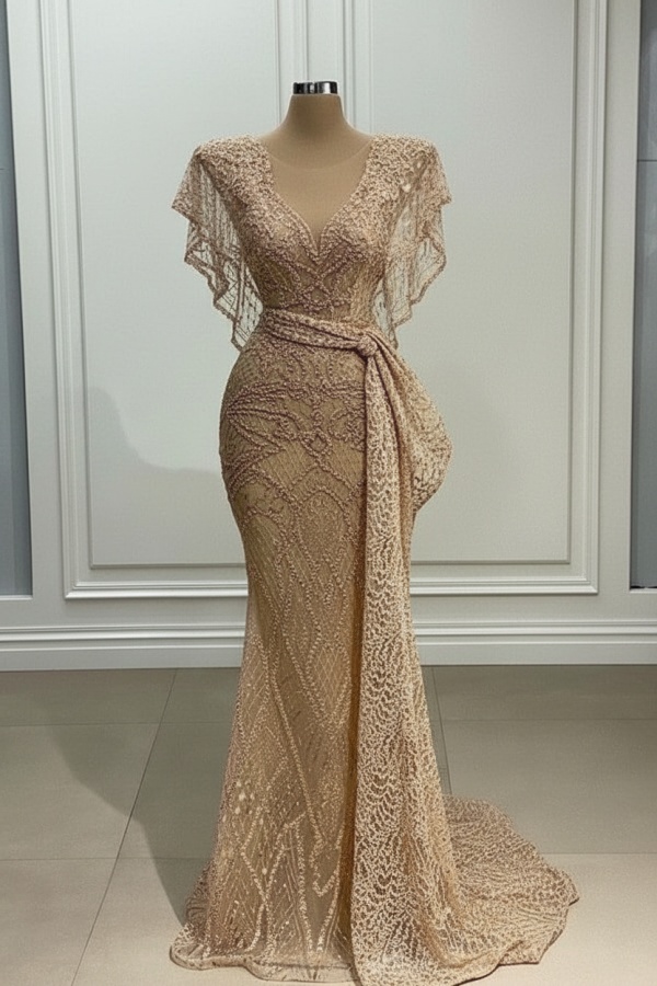 Elegante Abendkleider Lang Gold Spitze Abiballkleider mit Glitzer