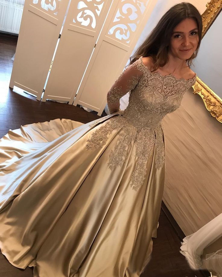 Designer Golden Brautkleider Mit Ärmel Lang Prinzessin Hochzeitskleider Günstig Online-Misshow.de