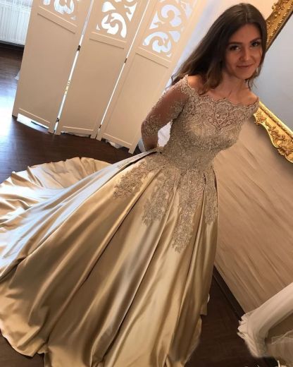Designer Golden Brautkleider Mit Ärmel Lang Prinzessin Hochzeitskleider Günstig Online