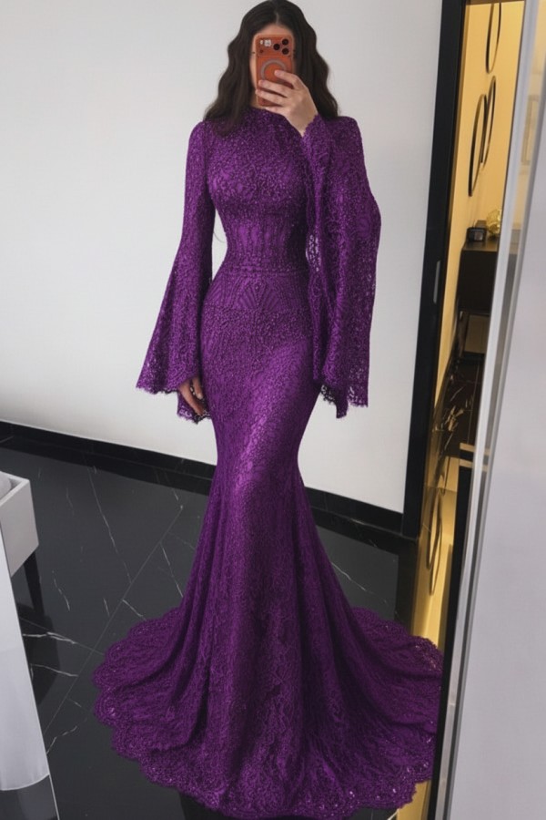 Braun Abendkleider Lang Spitze Meerjungfrau Ballkleid mit Ärmel