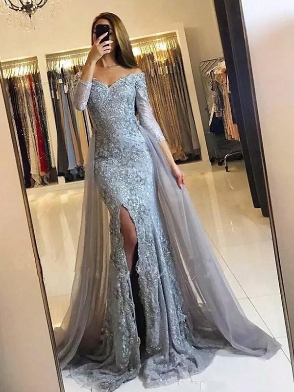Designer Abendkleider Lang Schwarz | Spitze Abiballkleider mit Ärmel-Misshow.de