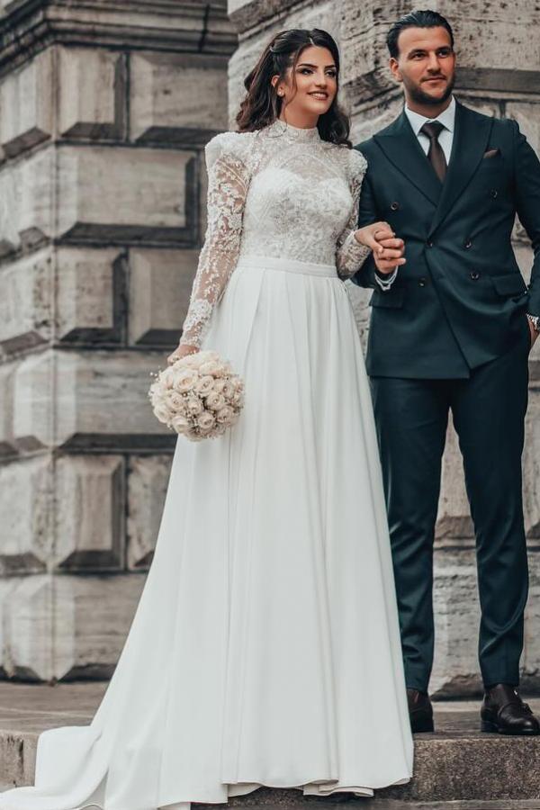 Wunderschöne Hochzeitskleider Schlicht | Brautkleider Spitze mit Ärmel-Misshow.de