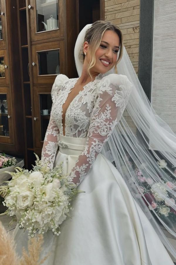 Vintage Brautkleid Prinzessin online Hochzeitskleider Spitze mit Ärmeln