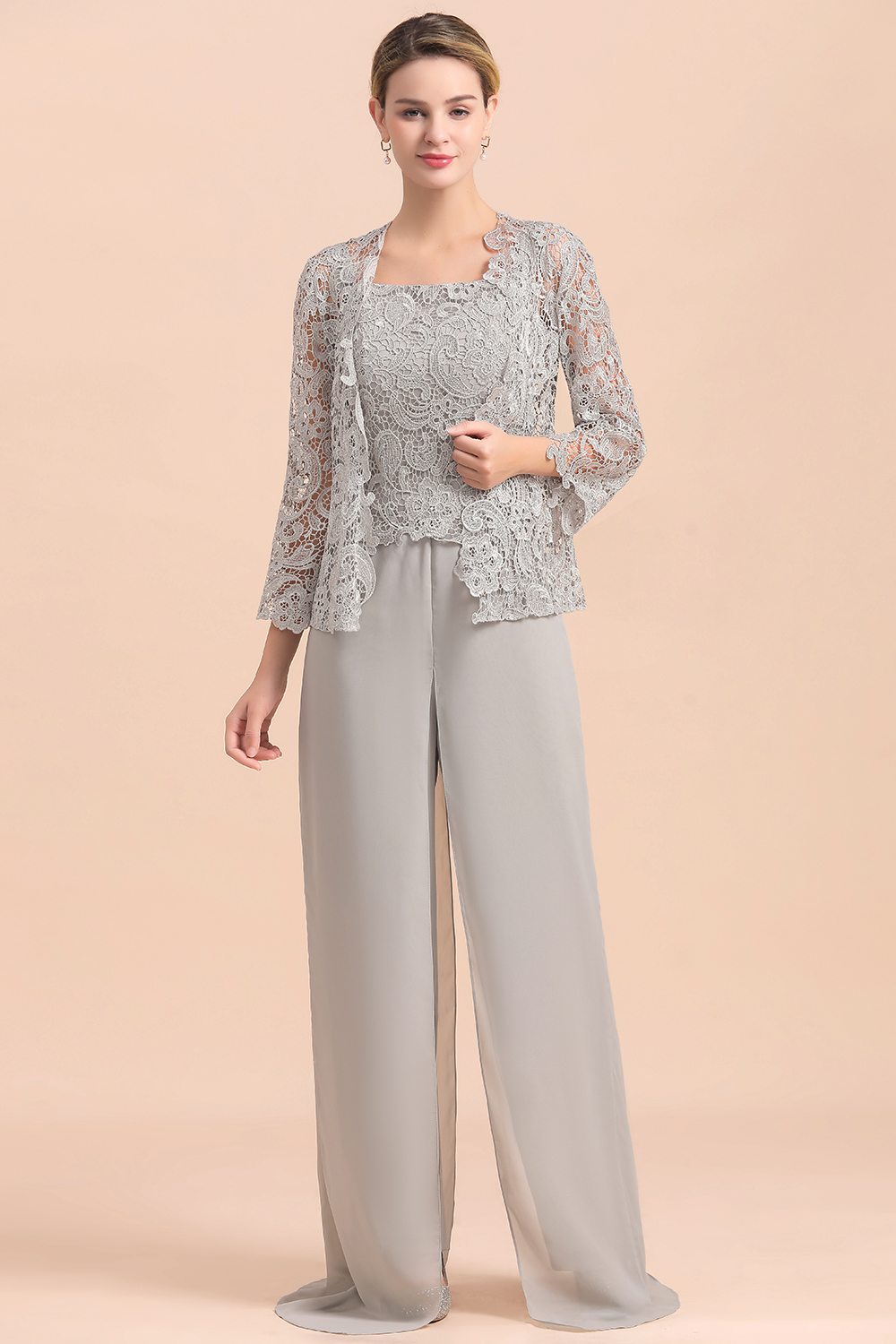 Silber Brautmutterkleid mit Jacket | 3 Teilige Brautmutterkleider-Misshow.de