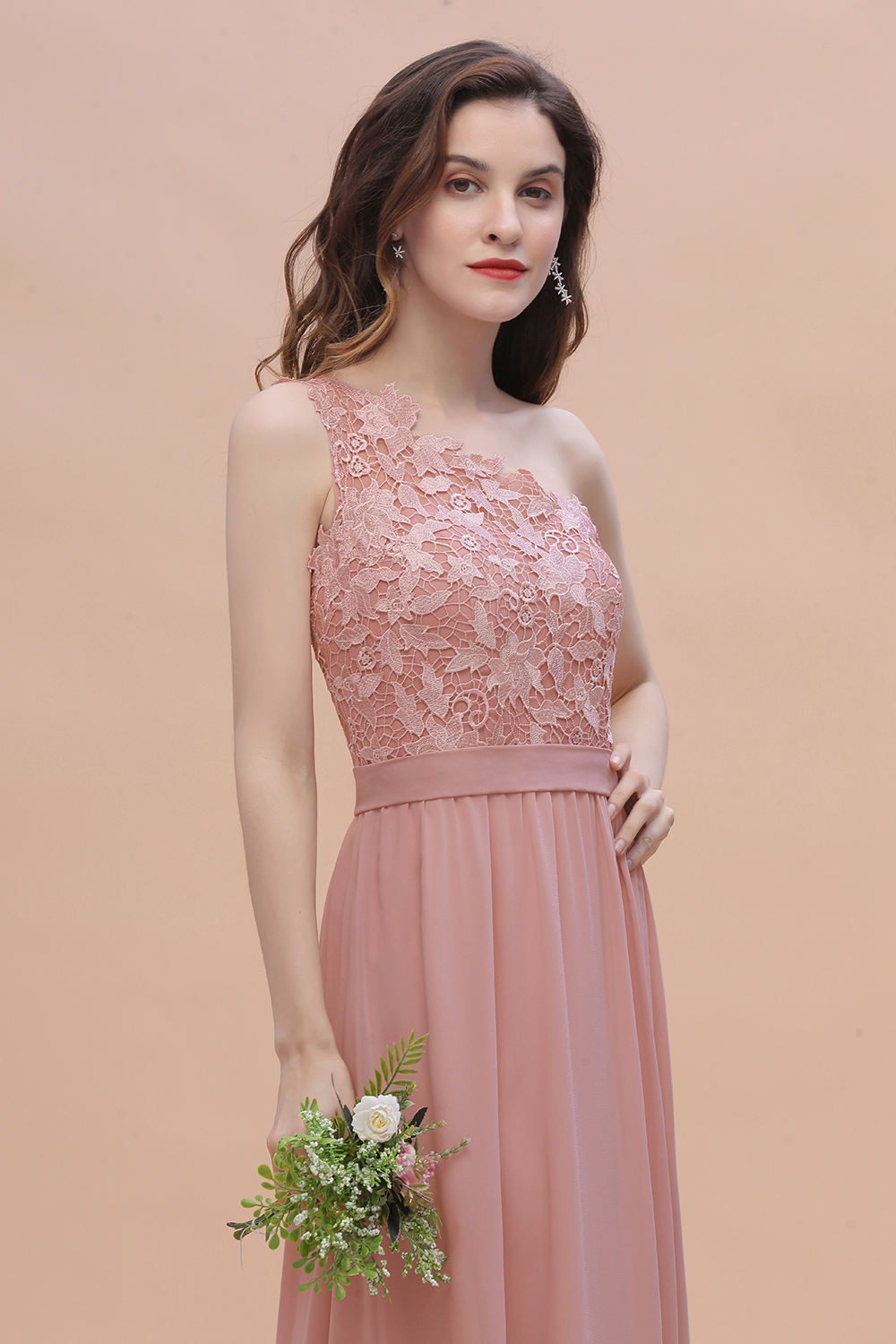 Brautjungfernkleider Lang Altrosa | Chiffon Kleider mit Spitze-Misshow.de