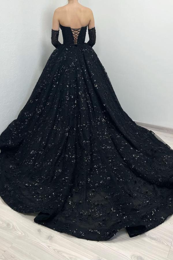 Vintage Brautkleider Schwarz | Glitzer Hochzeitskleider A Linie Spitze