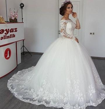Elegante Weiße Brautkleider mit Ärmel Prinzessin Hochzeitskleider Spitze Günstig