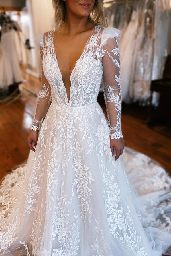 Modern Hochzeitskleider mit Ärmel | Brautkleider A Linie Spitze-Misshow.de