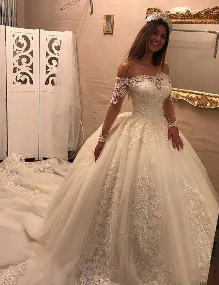 Luxury Brautkleider Spitze Mit Lange Ärmel Prinzessin Hochzeitskleider Günstig Online-Misshow.de