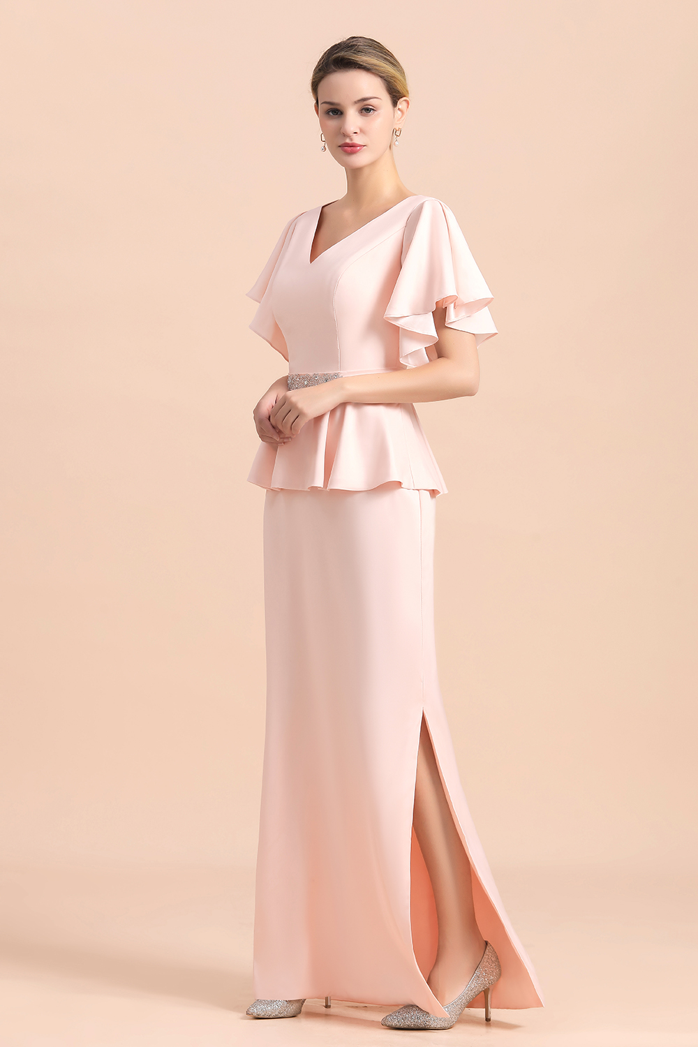 Rosa Bruatmutterkleider Lang Mit Ärmel | Günstiges Brautmutterkleid-Misshow.de