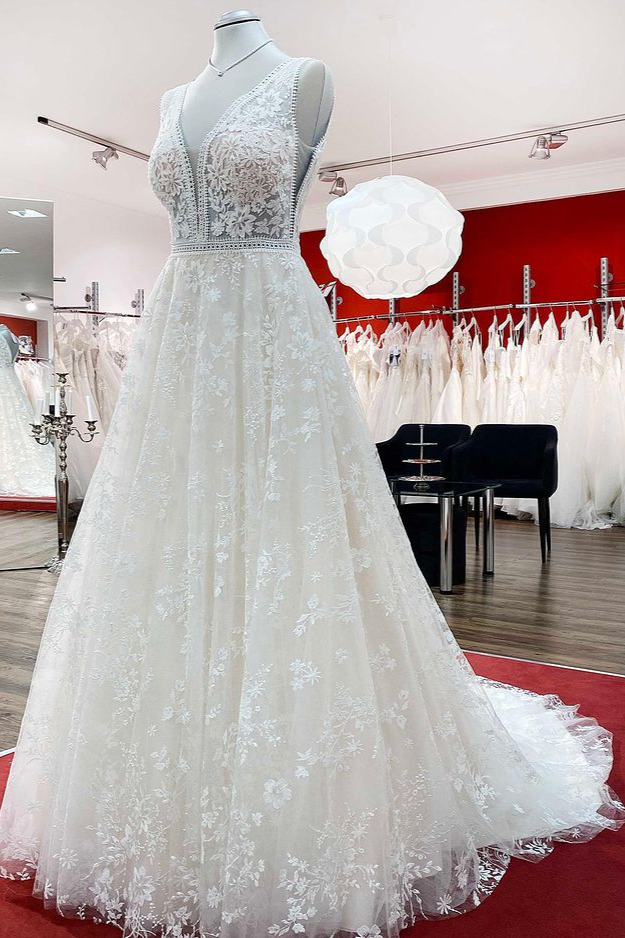 Brautkleider V Ausschnitt Mit Spitze | Creme Hochzeitskleider A Linie-Misshow.de