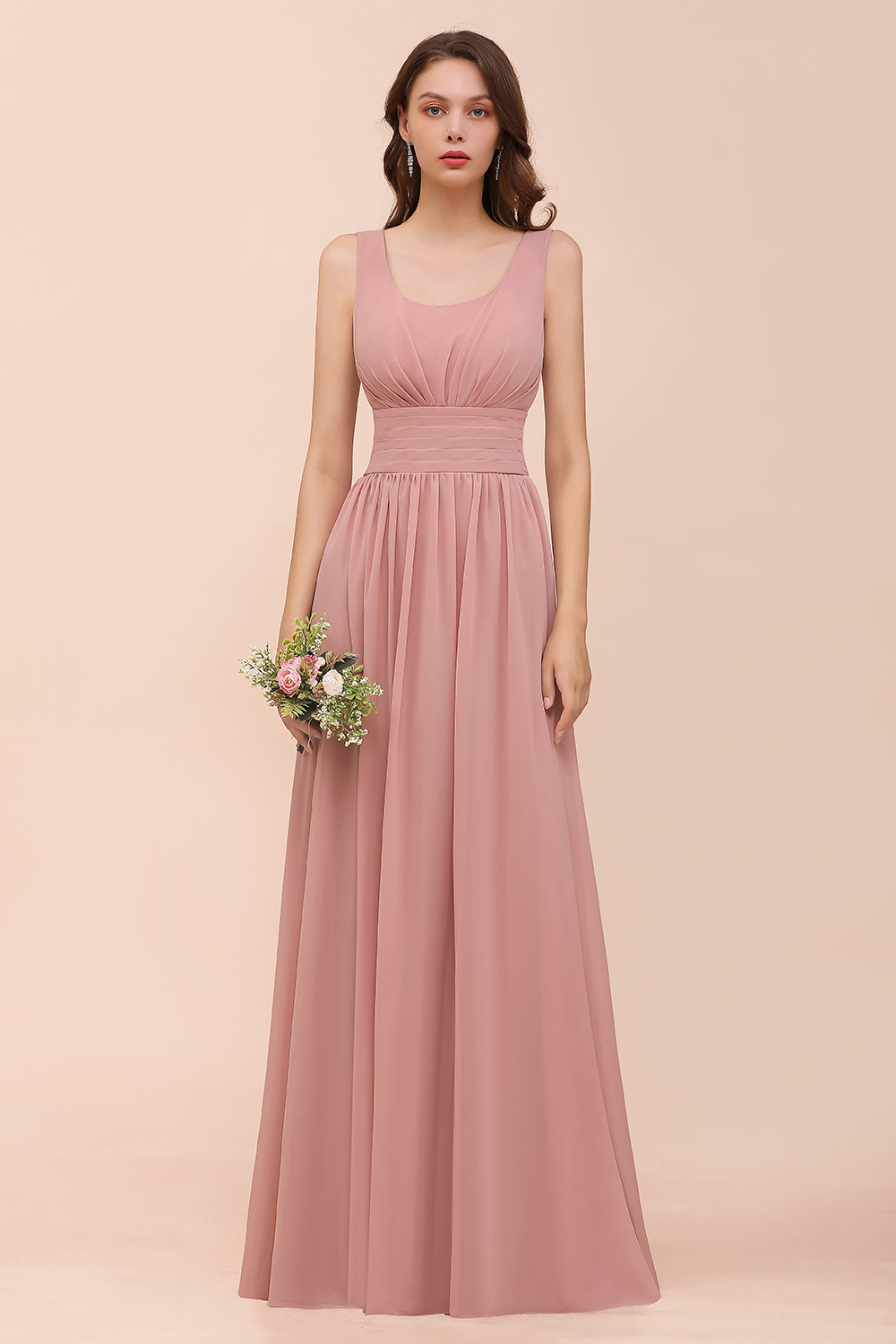 Brautjungfernkleider Lang Altrosa | Chiffon Hochzeitspartykleider