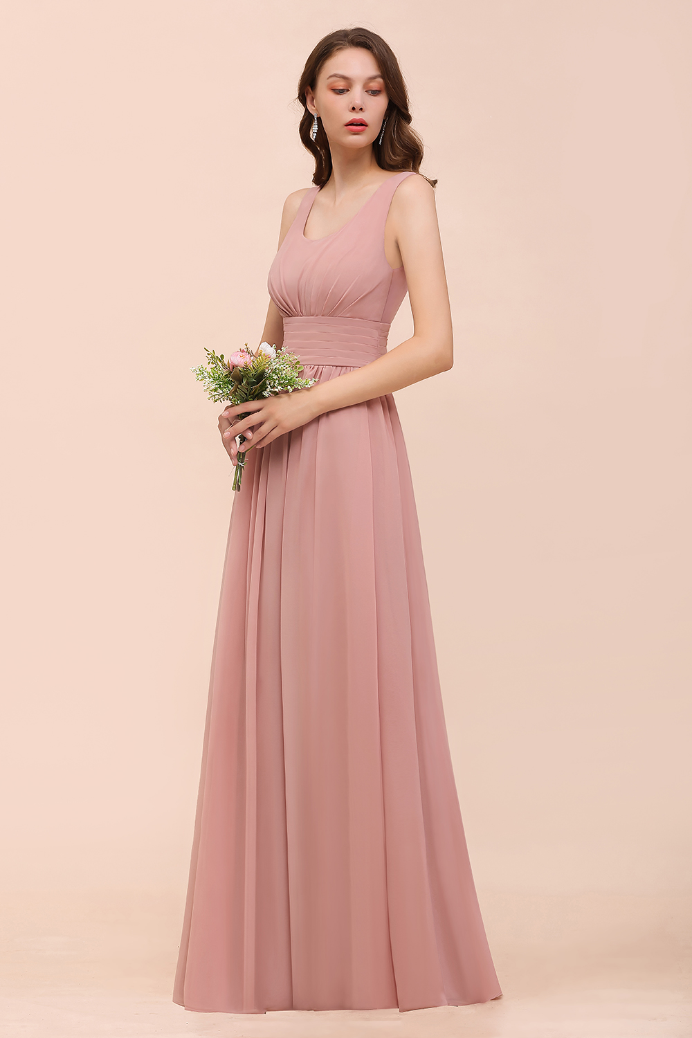Brautjungfernkleider Lang Altrosa | Chiffon Hochzeitspartykleider-Misshow.de
