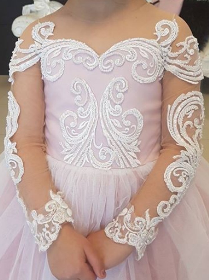 Günstige Blumenmädchenkleider Mit Ärmel Spitze A Line Tüll Kleider für Blumenmädchen Hochzeitskleider-Misshow.de