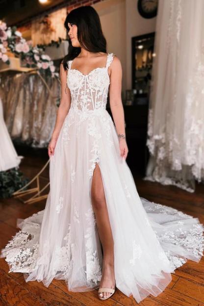 Sexy Brautkleider A Linie Spitze | Boho Hochzeitskleider Günstig