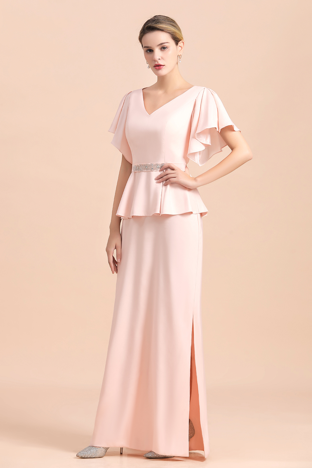 Rosa Bruatmutterkleider Lang Mit Ärmel | Günstiges Brautmutterkleid-Misshow.de