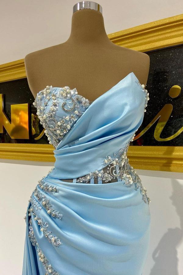 Elegante Abendkleider Lang Blau Abiballkleider mit Glitzer
