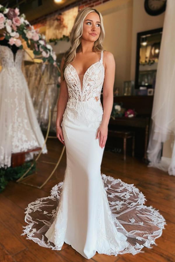 Sexy Brautkleider Creme | Hochzeitskleider Meerjungfrau Spitze-Misshow.de