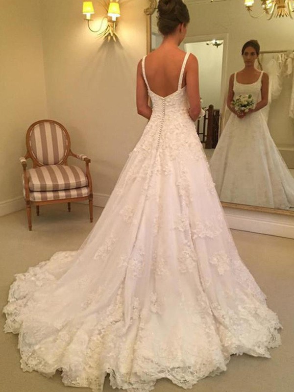 Fashion Hochzeitskleider A Linie Späghetti Träger Spitze Hochzeitskleider Online-Misshow.de