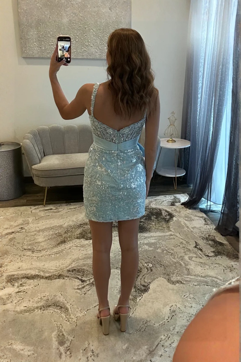 Cocktailkleider Partykleider Kurz Blau Ballkleider Spitze mit Glitzer-Misshow.de