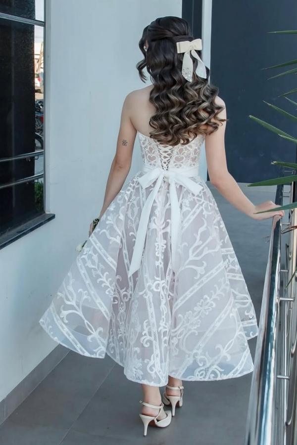 Elegante Hochzeitskleider A Linie Kurz Spitze Brautkleider Günstig Online-Misshow.de