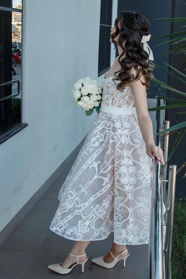 Elegante Hochzeitskleider A Linie Kurz Spitze Brautkleider Günstig Online-Misshow.de