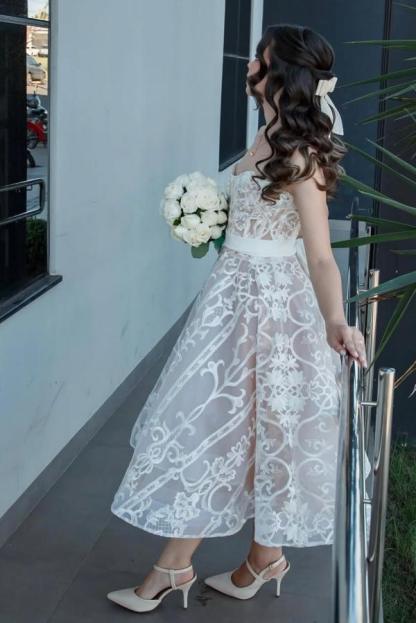 Elegante Hochzeitskleider A Linie Kurz Spitze Brautkleider Günstig Online-Misshow.de