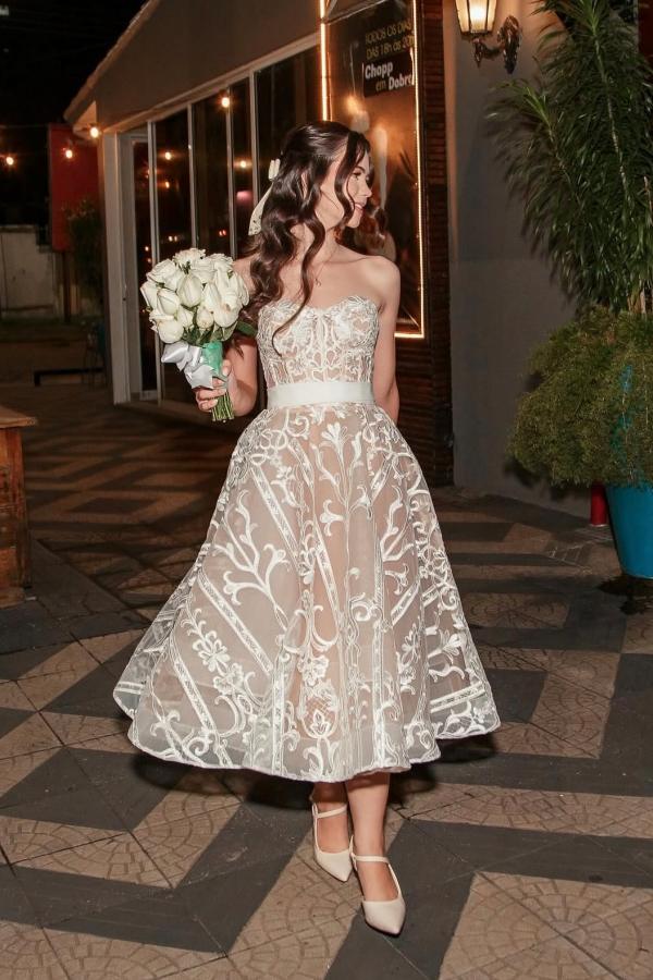 Elegante Hochzeitskleider A Linie Kurz Spitze Brautkleider Günstig Online-Misshow.de