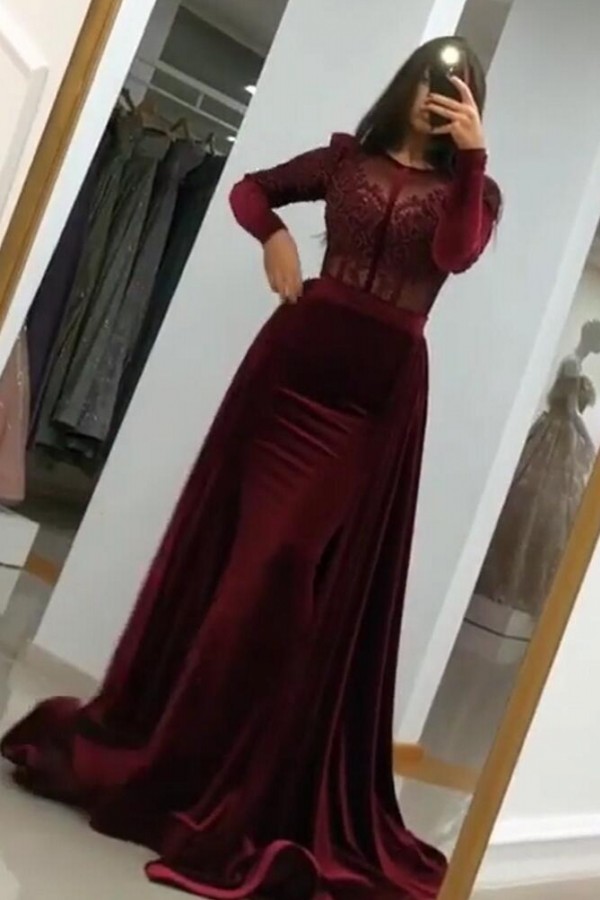 Designer Abendkleider Mit Ärmel | Velvet Abiballkleider Lang Günstig