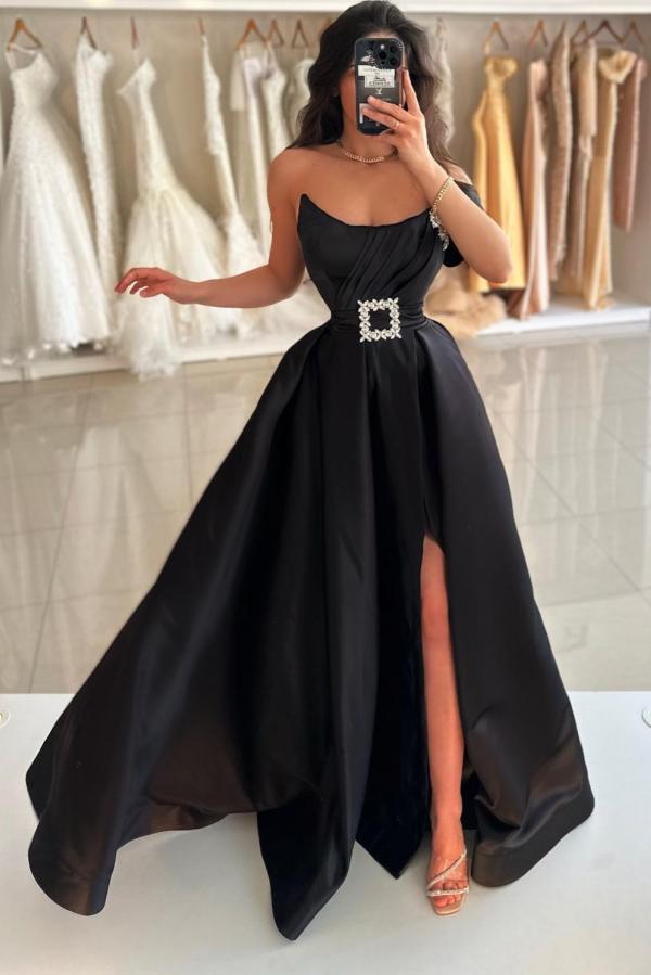 Elegante Abendkleider Lang Schwarz Satin Ballkleider Abiballkleider Schlicht