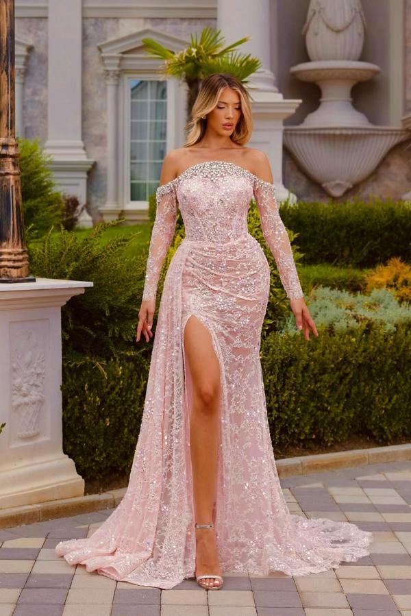Wunderschöne Abendkleider Lang Rosa Spitze Ballkleider Mit Ärmel