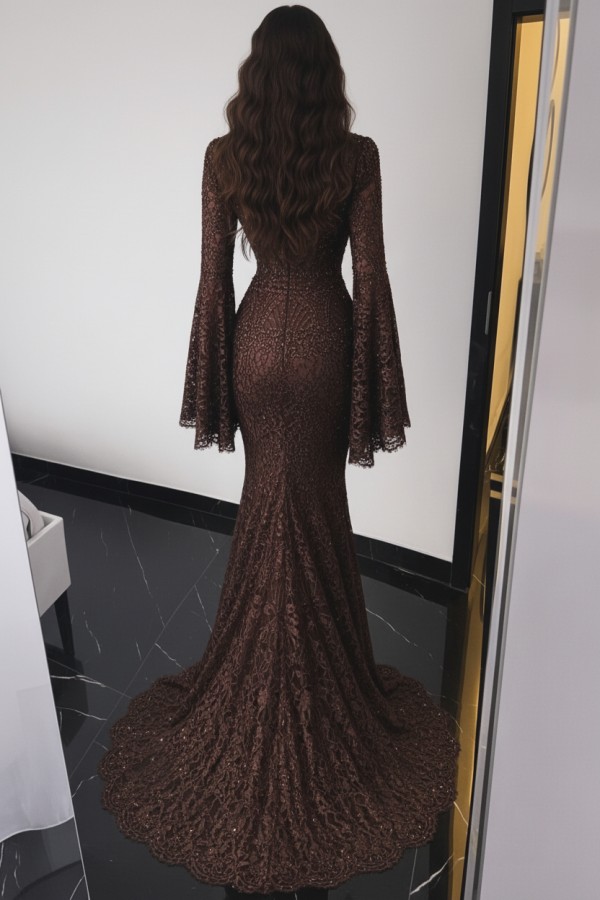Braun Abendkleider Lang Spitze Meerjungfrau Ballkleid mit Ärmel
