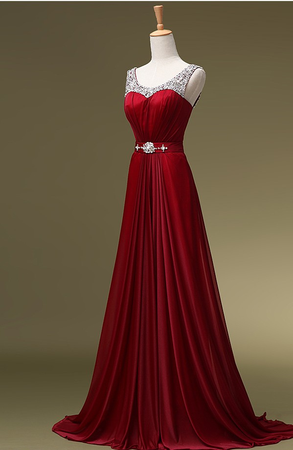 Rot Abendkleider Lang Günstig Träger Perlen A Linie Chiffon Abschlussballkleider-Misshow.de