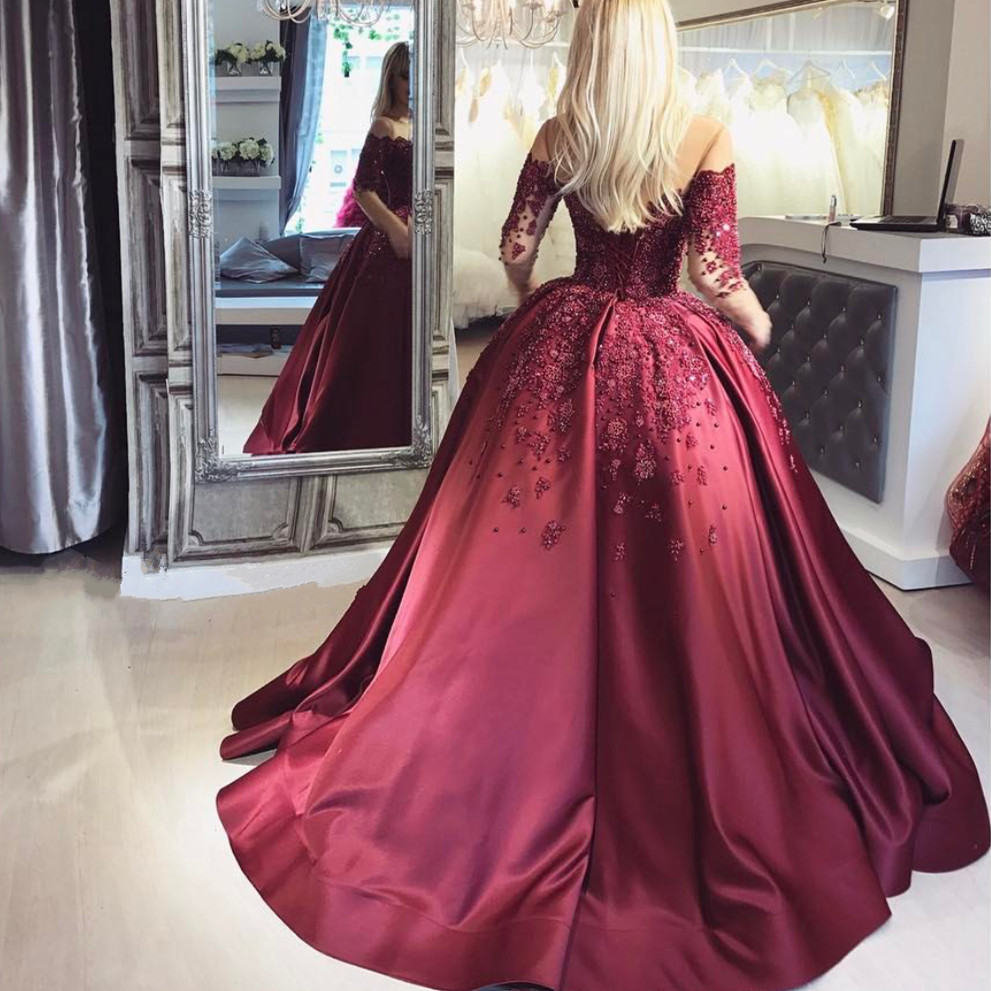 Weinrot Abendkleider Lang Mit Ärmel Prinzessin Kleider Abendmoden Online-Misshow.de