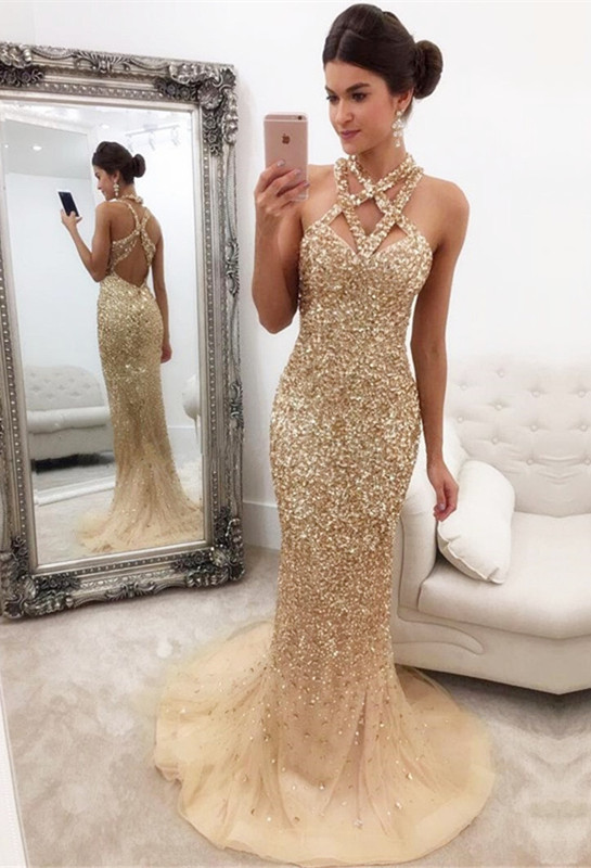 Luxury Abschlussballkleider Lang Golden Perlen Meerjungfrau Ballkleider Online-Misshow.de
